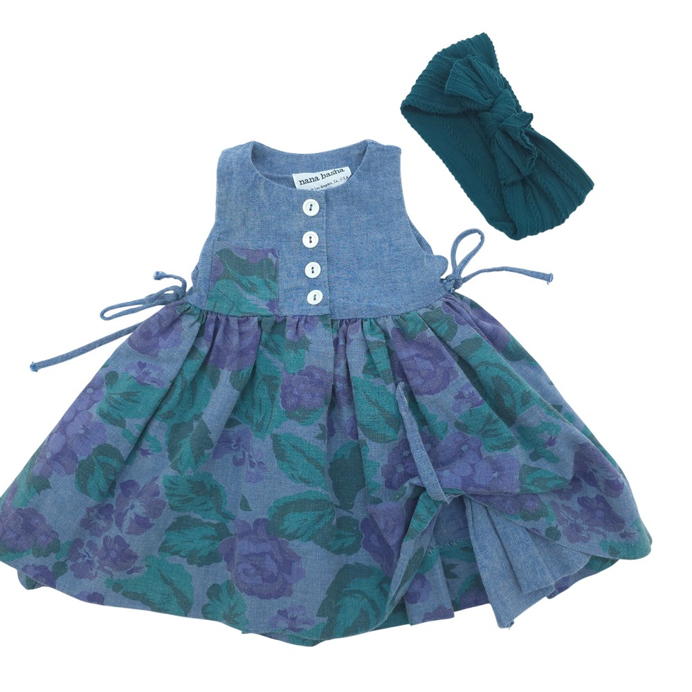 Vintage Baby Girl Blue Floral Chambray Dress 90s Made in USA Size 6 Months